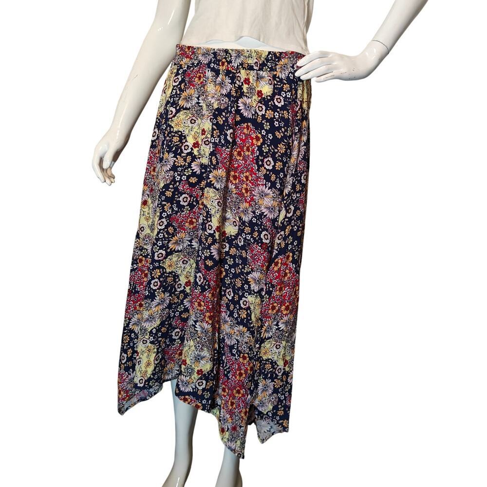 89th Madison Floral Midi Skirt Navy Boho Flowy Elastic Waist Women M